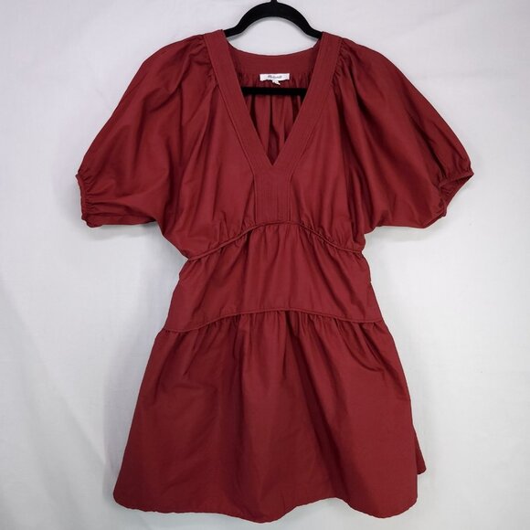 Madewell Puff-Sleeve Mini Dress Womens Size XXS Oversized Pockets Red Poplin - Picture 1 of 15